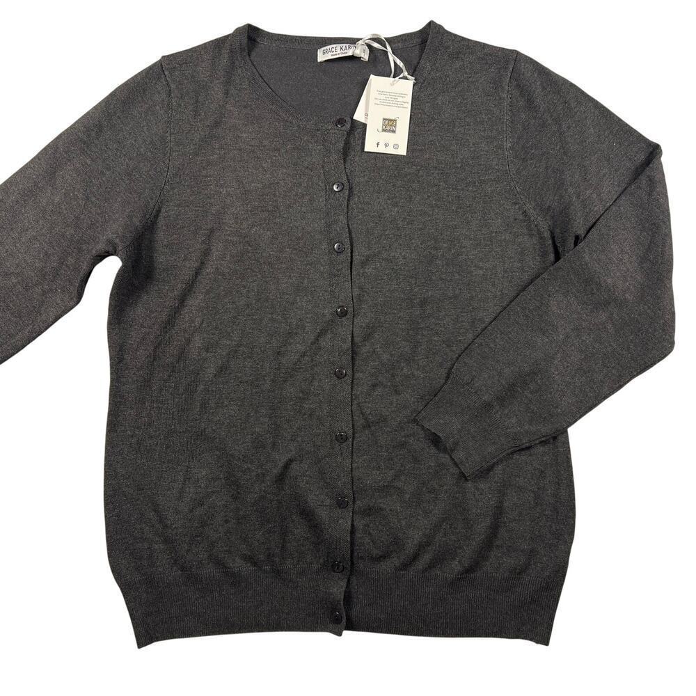 Grace Karin Button Up Cardigan Sweater Charcoal Gray NEW w/Tags Size XXL